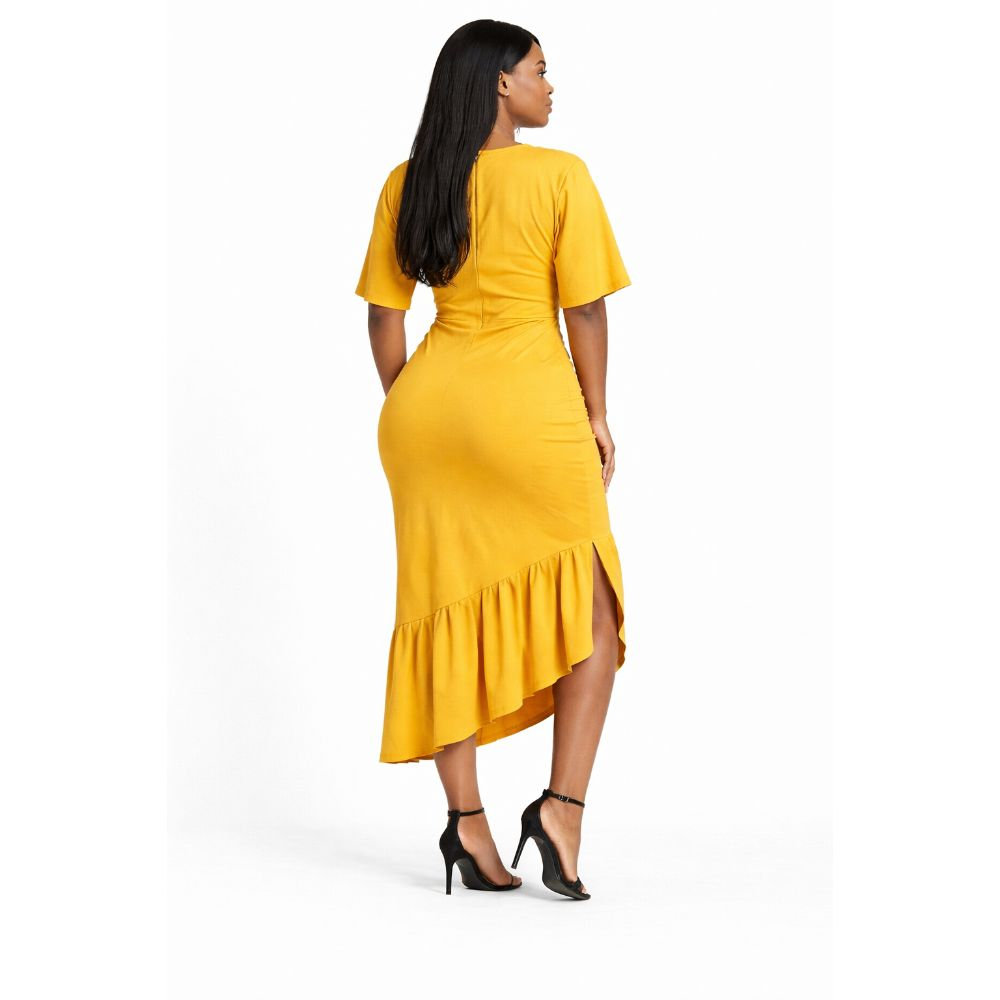 Womens Premium Mustard Yellow Asymmetric Ruffle Midi Dress